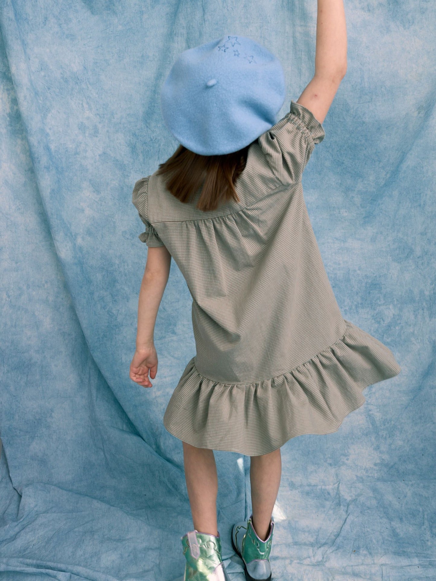 [HAPPY MESS] vichy frilled dress - foggy brown