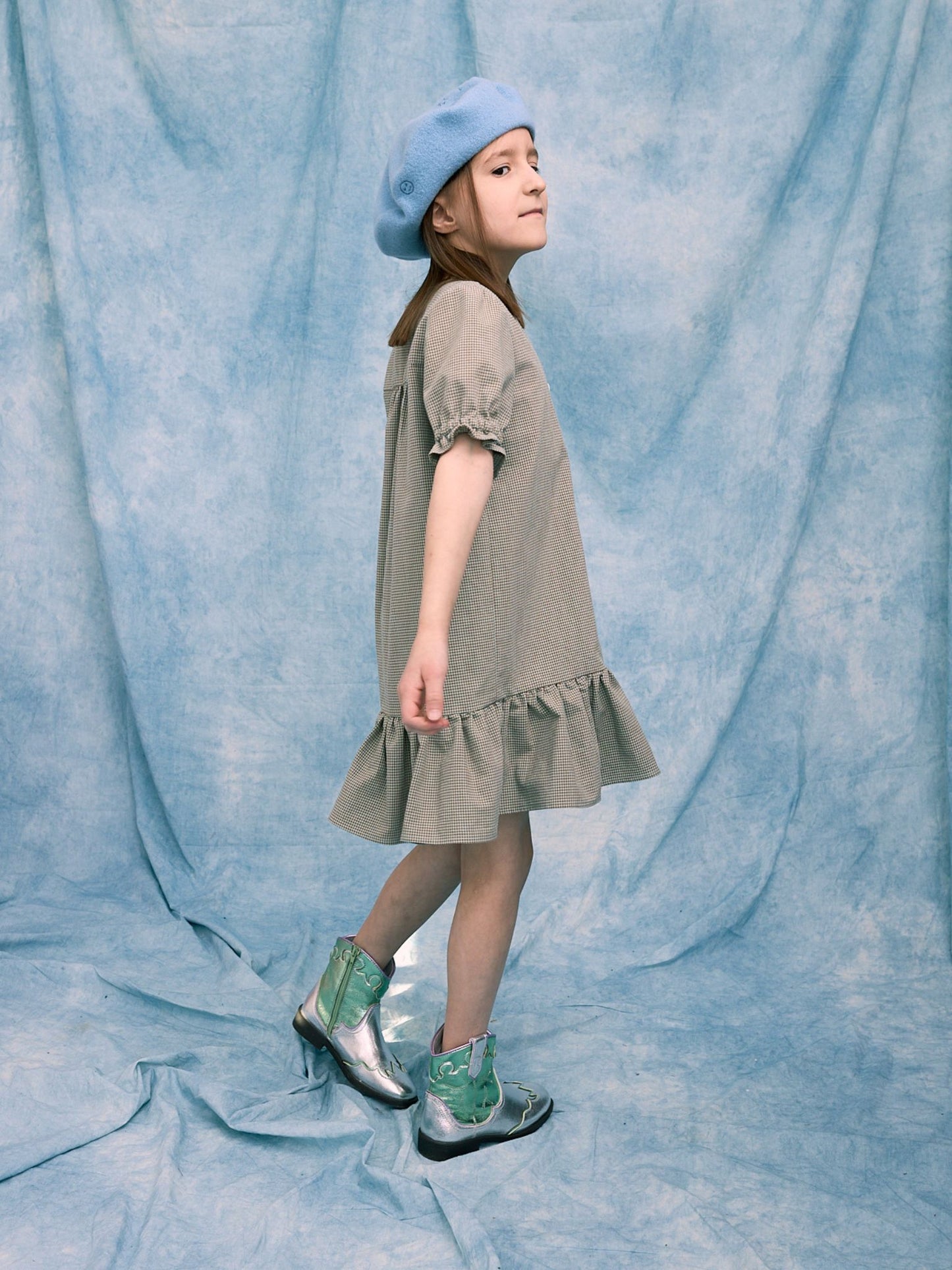 [HAPPY MESS] vichy frilled dress - foggy brown