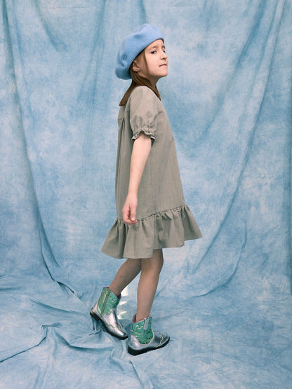 [HAPPY MESS] vichy frilled dress - foggy brown