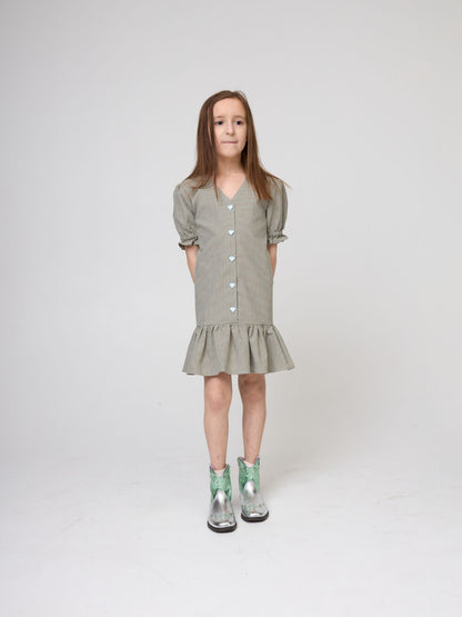 [HAPPY MESS] vichy frilled dress - foggy brown