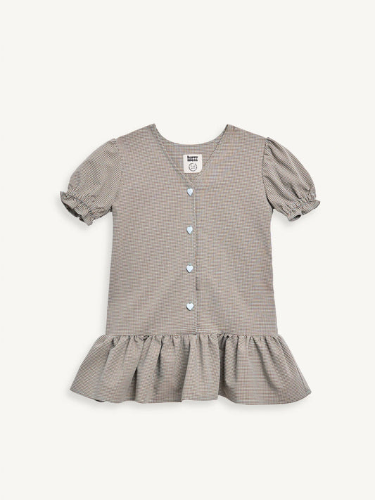 [HAPPY MESS] vichy frilled dress - foggy brown